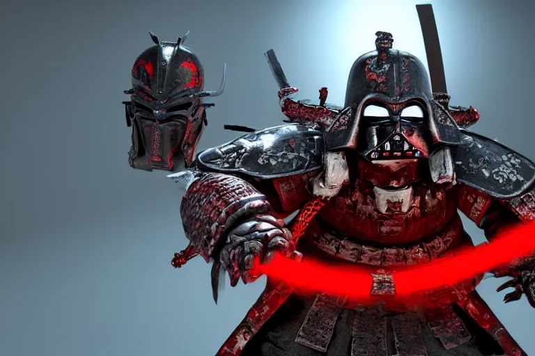 Image similar to a battle - hardened samurai demon warlord vader with sinister kabuto and terrifying men - yoroi mask, with armor intricately engraved with glowing red ancient rune symbols, and adorned with demon skulls, by ayami kojima, unreal engine 5, octane render, 3 d