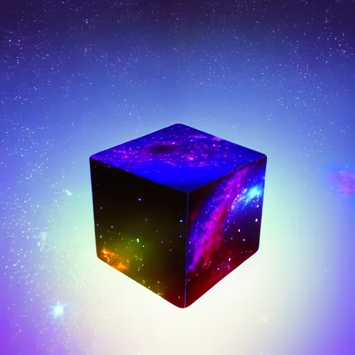 Prompt: universe inside the glass cube | octane render | trending on artstation | dichroic colors | depth of field | macro