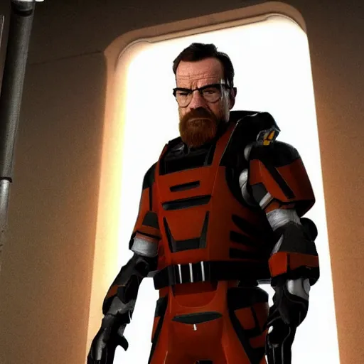 Image similar to Bryan Cranston as Gordon Freeman, film still from Half-Life movie, full body, centered, detailed, 4k