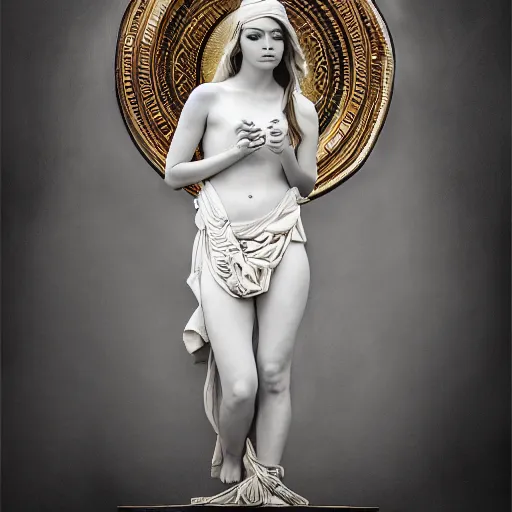 Image similar to Emma Stone as a Greek Goddess, Sony a7R IV, symmetric balance, polarizing filter, Photolab, Lightroom, 4K, Dolby Vision, Photography Award