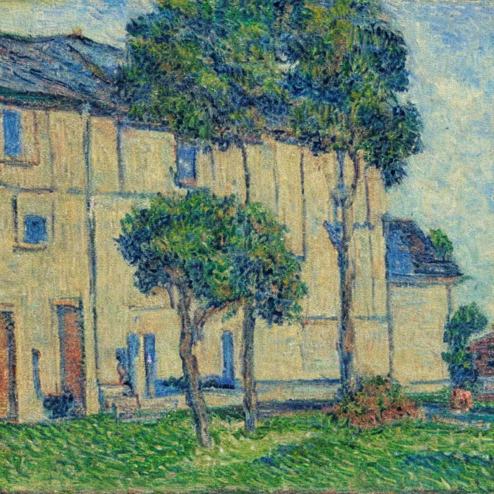 Prompt: a building in a serene landscape, post - impressionism