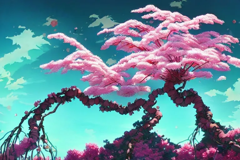 Image similar to highly detailed concept art of a sakura plum tree made with water, overgrowth, Tristan Eaton, Artgerm, Studio Ghibli, Makoto Shinkai