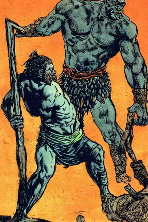 Image similar to ancient historically accurate depiction of the Bible Character Goliath of Gath, the Philistine warrior giant by frank miller