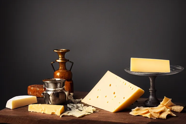 Prompt: still life with a bunch of cheese, by peter class, memento mori, vanitas, furry, symmetry, cinematic, elegant, luxury, professional studio light, perfect composition, dlsr photography, full frame, hasselblad x 1 d sharp focus, 8 k, ultra hd, sense of awe, highly detailed, hyper realistic, intricate, fine arts journal cover