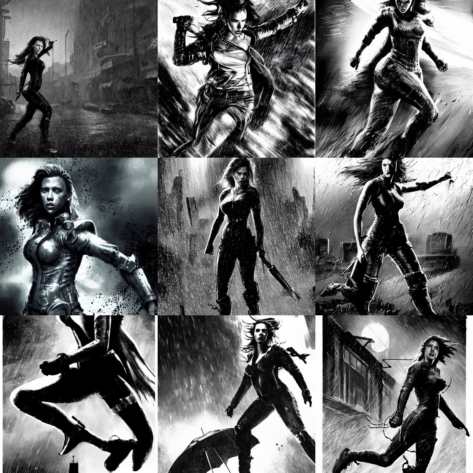 Prompt: black and white scarlett johansson wearing rain soaked armour in the pouring rain, running from zombies in frank frazetta manga style, hyper realism, pencil and ink, full body action pose, dynamic lighting in a post apocalyptic city, at night with dramatic moonlight, drawn with added movement effects, cinematic effects vfx, dynamic angle