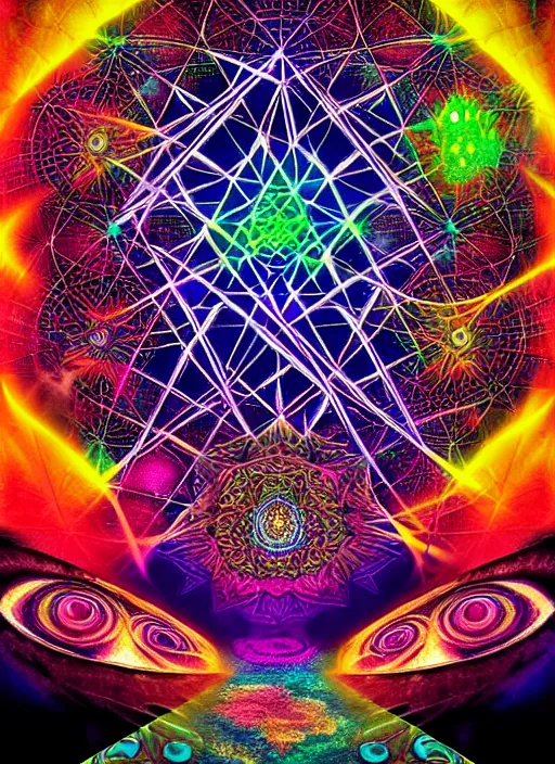 Prompt: dmt, mdma, lsd super massive rave party, sacred geometry, surrealism, photo realistic, epic and cinematic, clear, sharp,