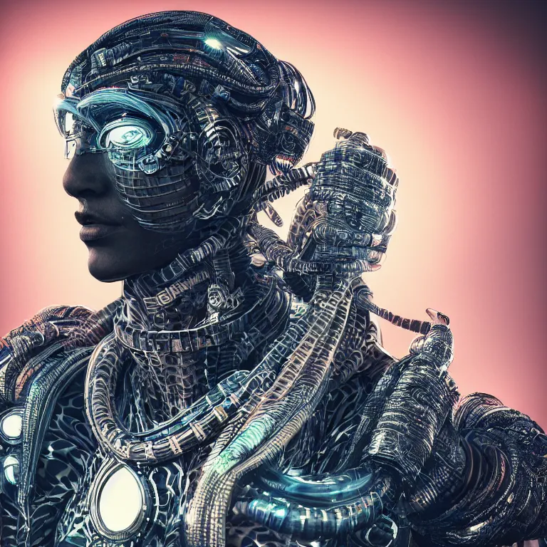 Image similar to surreal spinal ribbed tribal exotic organic face portrait of a cyberpunk fighter, beautiful detailed intricate insanely detailed 3D render digital art, octane render, 8K artistic photography, photorealistic, neon lights