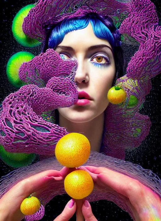 Image similar to hyper detailed 3d render like a Oil painting - Ramona Flowers with wavy black hair wearing thick mascara seen Eating of the Strangling network of colorful yellowcake and aerochrome and milky Fruit and Her staring intensely delicate Hands hold of gossamer polyp blossoms bring iridescent fungal flowers whose spores black the foolish stars by Jacek Yerka, Mariusz Lewandowski, cute silly face, Houdini algorithmic generative render, Abstract brush strokes, Masterpiece, Edward Hopper and James Gilleard, Zdzislaw Beksinski, Mark Ryden, Wolfgang Lettl, Dan Hiller, hints of Yayoi Kasuma, octane render, 8k