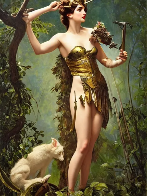 Prompt: Ana de armas as Artemis the Greek goddess of the hunt, a beautiful art nouveau portrait by Gil elvgren, Moonlit forest environment, centered composition, defined features, golden ratio, silver jewelry