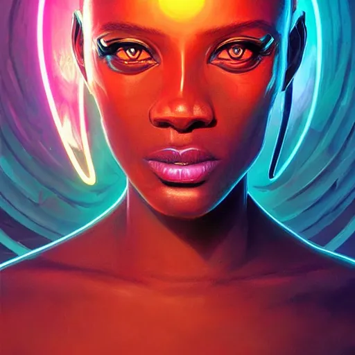 Image similar to african neon necromancer, science fiction, highly detailed, digital painting, beautiful eyes, symmetry, concept art, sharp focus, illustration, global illumination, radiant light, synthwave colors, detailed and intricate environment, art by artgerm and greg rutkowski and magali villeneuve and ilya kuvshinov!