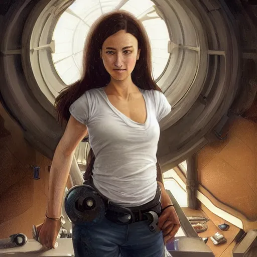 Image similar to epic portrait an woman engineer fixing an starship during winter, white t shirt with a vest, pretty face, glossy skin, beauty digital painting, artstation, concept art, soft light, hdri, smooth, sharp focus, illustration, fantasy, intricate, elegant, highly detailed, D&D, matte painting, in the style of Greg Rutkowski and Alphonse Mucha and artemisia, 8k, highly detailed, jurgens, rutkowski, bouguereau, pastoral, rustic, georgic