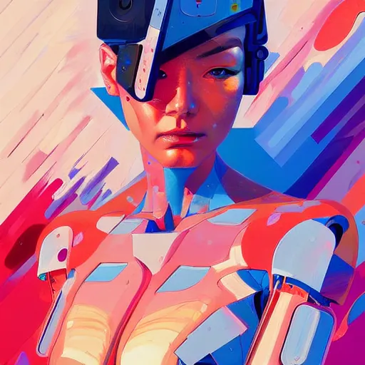 Image similar to palette knife artwork of a cyborg, sharp focus, wide view, full body shot, smooth, digital illustration, by james jean, by rossdraws, frank franzzeta, sakimichan