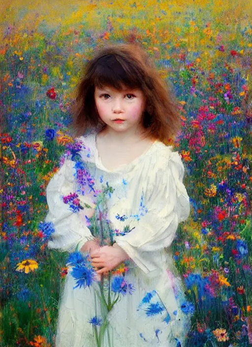 Image similar to a cute little girl with short light brown curly hair and blue eyes standing in a field of colorful wildflowers. detailed face. beautiful painting by ruan jia
