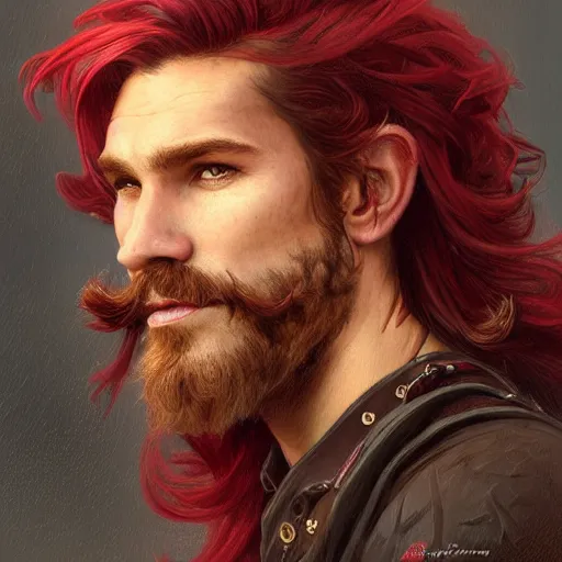 Image similar to portrait of a young ruggedly handsome but joyful pirate, male, masculine, upper body, deep red crimson hair, long hair, d & d, fantasy, roguish smirk, intricate, elegant, highly detailed, digital painting, artstation, concept art, matte, sharp focus, illustration, art by artgerm and greg rutkowski and alphonse mucha