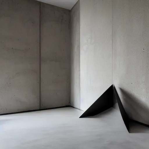 Prompt: abstract concrete room with abstract form sculpture in center