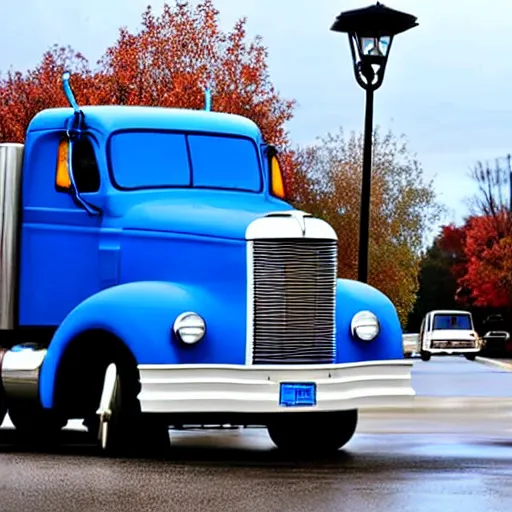 Prompt: blue truck dangling from atop a street light pole