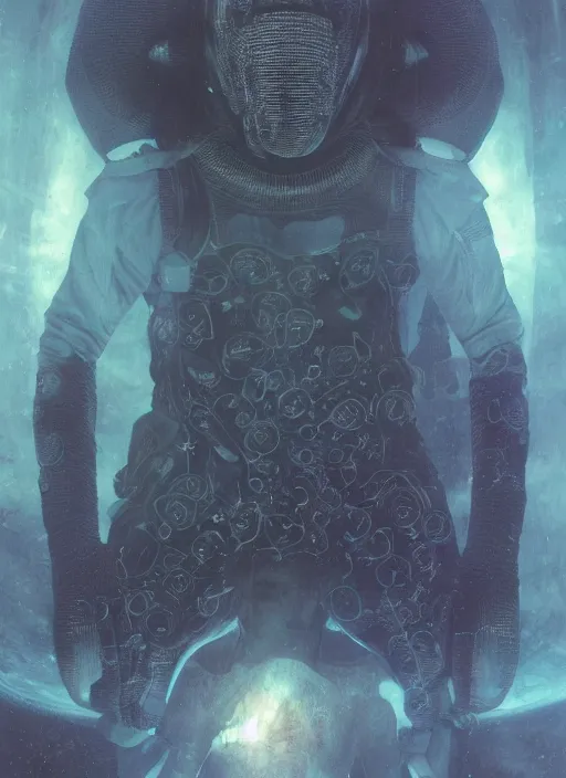 Image similar to astronauts in the dark infinite underwater void - complex and hyperdetailed technical suit, fabric material. reflection and dispersion materials. rays and dispersion of light. volumetric light. wide angle, f / 3 2. noise film photo. flash photography. ultra realistic, wide angle. poster by wayne barlowe, hajime sorayama aaron horkey, craig mullins