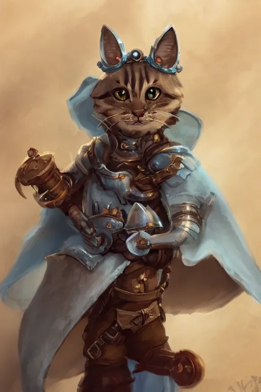 Image similar to cute little anthropomorphic cat knight wearing a cape and a crown, tiny, small, miniature cat , baby animal, short, pale blue armor, cute and adorable, pretty, beautiful, DnD character art portrait, matte fantasy painting, DeviantArt Artstation, by Jason Felix by Steve Argyle by Tyler Jacobson by Peter Mohrbacher, cinematic lighting