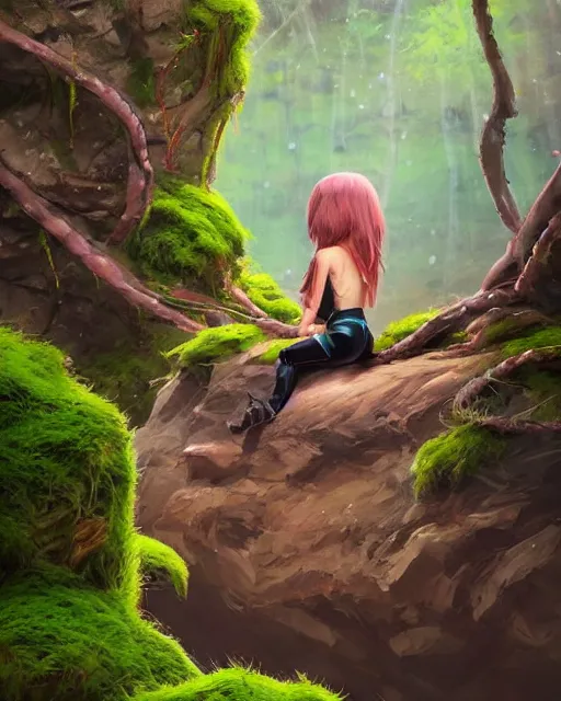 Prompt: concept art of a rock creature, wearing tight clothes made of moss and vines, sitting on a log near a river in a thick aspen forest | | cute - fine - fine details by stanley artgerm lau, wlop, rossdraws, and sakimichan, trending on artstation, brush strokes