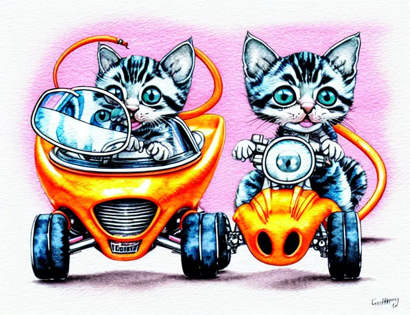 Image similar to cute and funny, kitten wearing a helmet riding in a tiny hot rod with oversized engine, ratfink style by ed roth, centered award winning watercolor pen illustration, isometric illustration by chihiro iwasaki, edited by range murata, tiny details by artgerm and watercolor girl, symmetrically isometrically centered