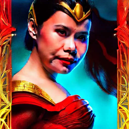 Prompt: lea salonga as darna, wax figure, glowing eyes, volumetric lights, red and cyan theme, art nouveau botanicals, intricate, highly detailed, digital painting, artstation, concept art, smooth, sharp focus, cinematic, illustration, beautiful face, art by artgerm and greg rutkowski and alphonse mucha