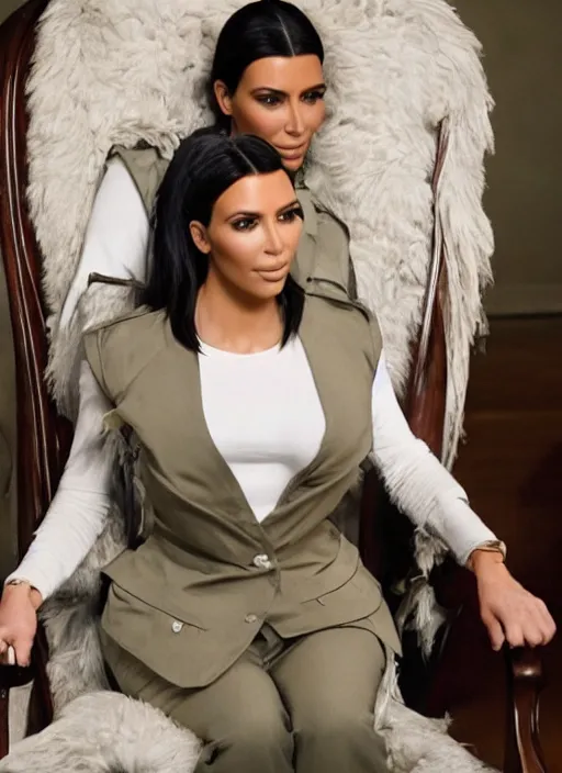 Image similar to a film still of kim kardashian tied to a chair, mouth taped, hands cuffed, outfit : jeans and white vest