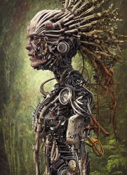 Image similar to hyper - detailed fine painting of a synthetic humanoid hybrid cyborg shaman half cybernetic and half made of plants and wood, concept art magical highlight