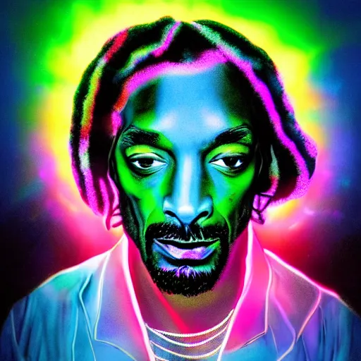 Image similar to psychedelic snoop dogg with luminous scars, lasers and neon and a halo of light