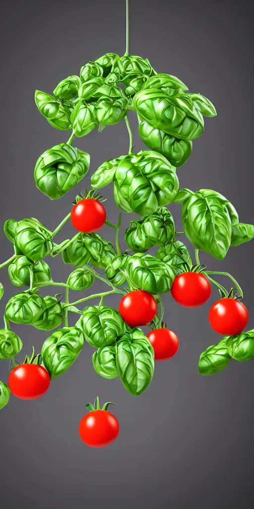 Prompt: fantasy tree where pizza ingredients grow, tomatoes hanging on branches, mozzarella balls hanging from branches, basil leaves instead of leaves, intricate stem, on a hill, highly detailed 3 d render, full view, wide angle, bright colors, pixar render