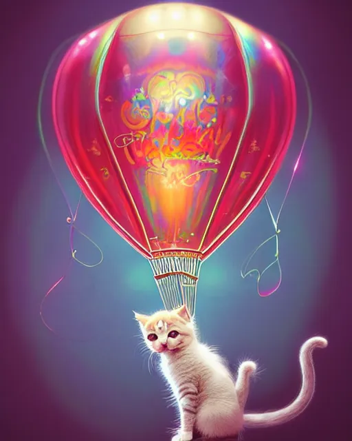 Image similar to cute kitten inside an ornate flying balloon of iridescent liquid, alchemy, shiny plastic, intricate, bloom, detailed, volumetric lighting, sharp focus, photorealism, digital painting, highly detailed, concept art, by by artgerm and wlop