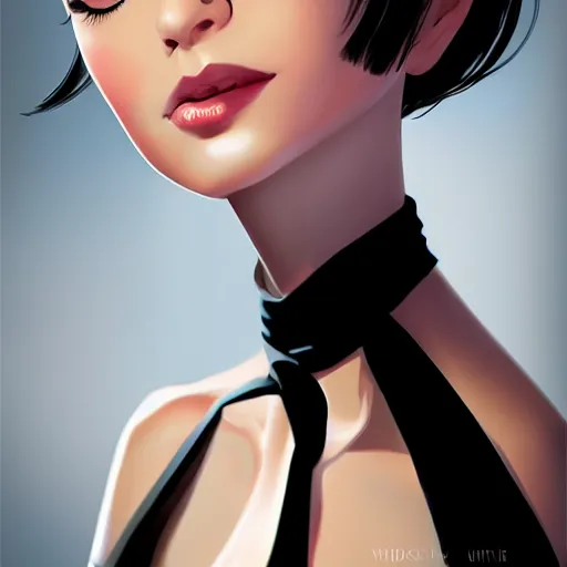 Image similar to slim girl in tuxedo with short black hair, elegant, 2d, ultra highly detailed, digital painting, smooth, sharp focus, artstation, portrait art by Ilya Kuvshinov