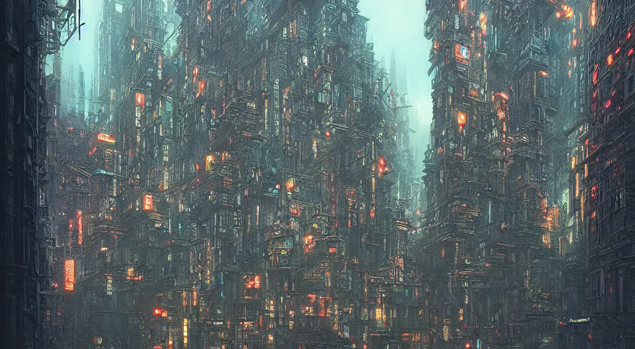 Prompt: cyberpunk city streets with renaissance architecture, cinematic night neon lighting, hyper detailed, hyper realistic, in the style of beksinski