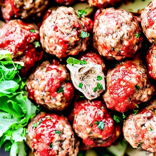 Prompt: raining meatballs, professional photography