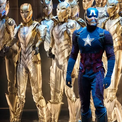 Prompt: costumes by Julie Taymor for Avengers: Infinity War the musical on broadway, production photos