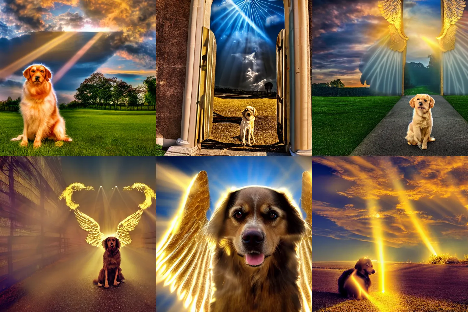 Prompt: a beautiful photograph of a dog with angel wings in front of gates of heaven, Tyndall effect, golden heavenly lights, breathtaking clouds, 4K, HDR