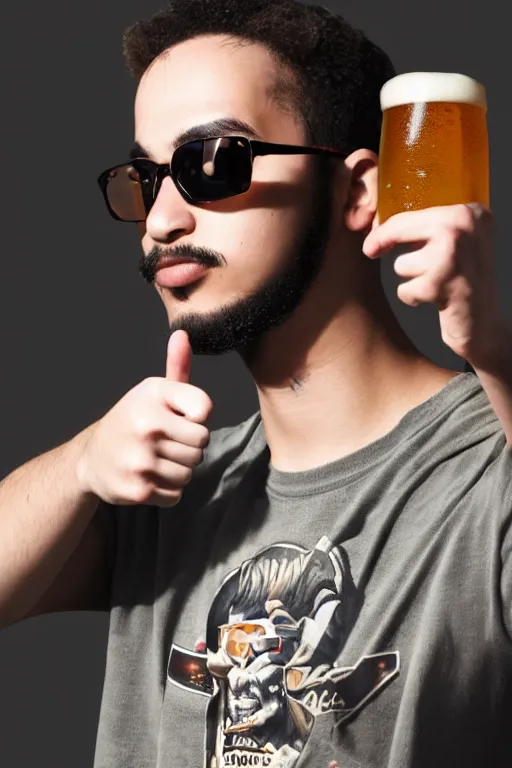 Prompt: a young man wearing raybands holding a beer giving a thumbs up with a long beard, real life skin, intricate, elegant, highly detailed, artstation, concept art, smooth, sharp focus, airbrush painted, art by ross tran