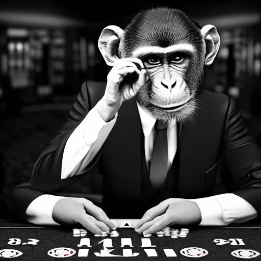 Image similar to monkey in a suit smoking a cigar and playing poker in a casino, 5 0 mm, black and white photo, octane render, realistic