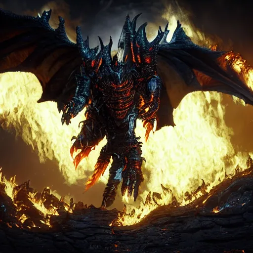 Image similar to 4k unreal engine render of Deathwing spreading his fire in a epic way, dynamic lighting, stunning visuals, cinematic, ultra detailed, trending on art station, fantasy concept art