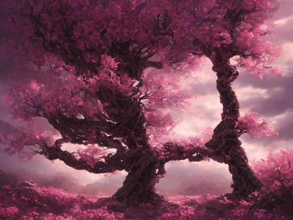 Image similar to a Photorealistic complex hyper detailed hyper realistic rendering of a gigantic eerie knotted tree full of beautiful blossoming pink Sakura flowers in a desert valley with flowers scattered all over the ground at dusk,dark stormy clouds by Craig Mullins,Greg Rutkowski,Beautiful dynamic dramatic dark moody lighting,shadows,volumetric,Cinematic Atmosphere,high surface and silhouette details,Octane Render,8k