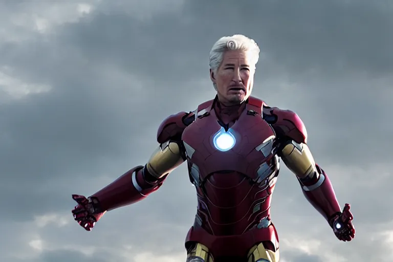 Image similar to richard gere is new iron man, epic scene from marvel movie, photo realistic