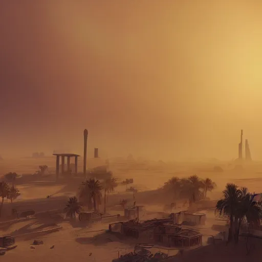 Prompt: A city in the middle of a desert, with a huge sandstorm, in the distance, digital painting, concept art, cityscape, volumetric lighting, light rays, Unreal Engine, 4k, by Barret Frymire