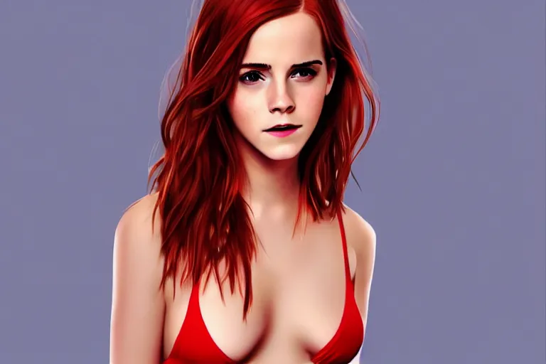 Image similar to Red-haired beauty Emma Watson in a bikini, full body, full height , highly detailed, mid-shot ,pixiv , digital painting , concept art