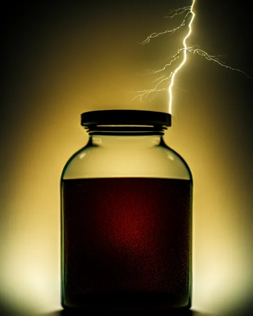 Prompt: a glass jar with storm clouds and lightning inside, bokeh, dramatic lighting, hyperrealistic, highly detailed