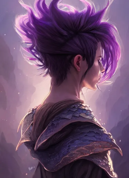 Prompt: back portrait rugged girl, adventurer outfit large cloak, fantasy forest landscape, dragon scales, fantasy magic, undercut hairstyle, short purple black fade hair, dark light night, intricate, elegant, sharp focus, illustration, highly detailed, digital painting, concept art, matte, art by wlop and artgerm and greg rutkowski and alphonse mucha, masterpiece