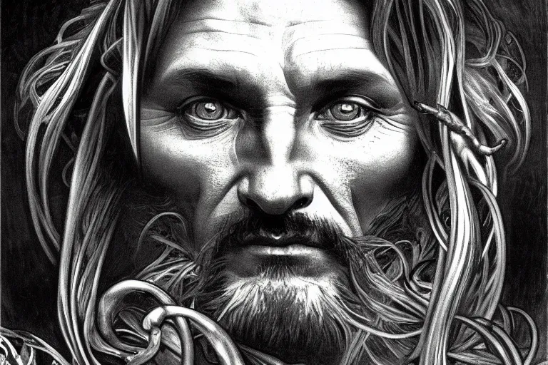 Prompt: painted closeup portrait of snake man, masculine, fierce, charming, fantasy, intricate, elegant, extremely detailed digital painting sharp focus illustration art by alphonse mucha by chuck close, charcoal on canvas