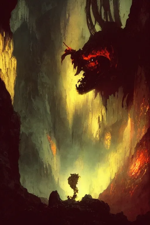 Prompt: looking up at a balrog in a vast cavern, intricate, elegant, highly detailed, john park, frazetta, sparth, ruan jia, jeffrey catherine jones