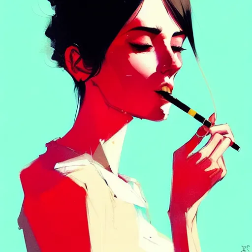 Prompt: a ultradetailed beautiful portait panting of a stylish woman with a cigarette in her mouth, by conrad roset, greg rutkowski and makoto shinkai, trending on artstation