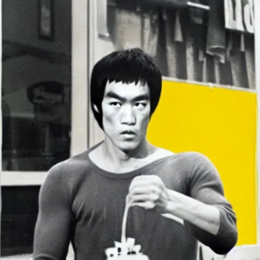 Prompt: a photo of bruce lee eating an hamburger