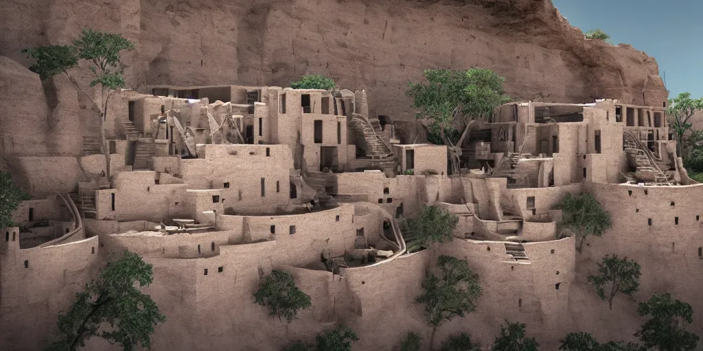 Image similar to futuristic cliff dwellings in mesa verde, escalators, high tech appliances, highly detailed, rendered in octane, photorealistic, 8 k