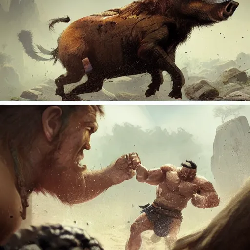 Image similar to barbarian fist fight wild boar, 8 k, trending on by tooth wu and greg rutkowski